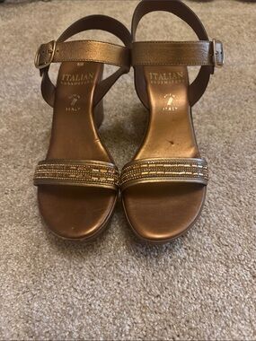 Italian Shoemakers Bronze Beaded Ankle-Strap Sandals